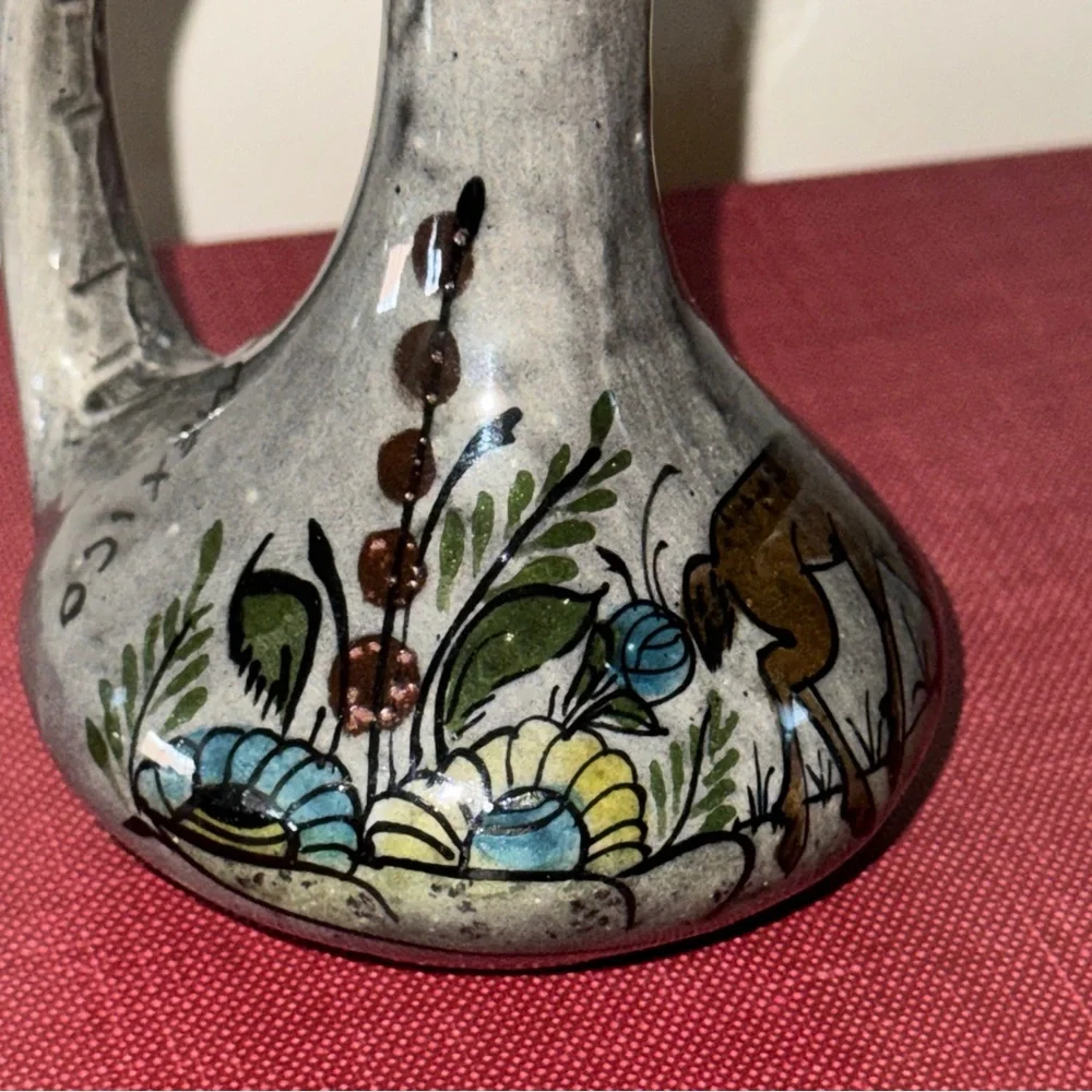 Vintage Handcrafted Mexican Floral Animal Folk Art Pottery Vase Glazed Marked